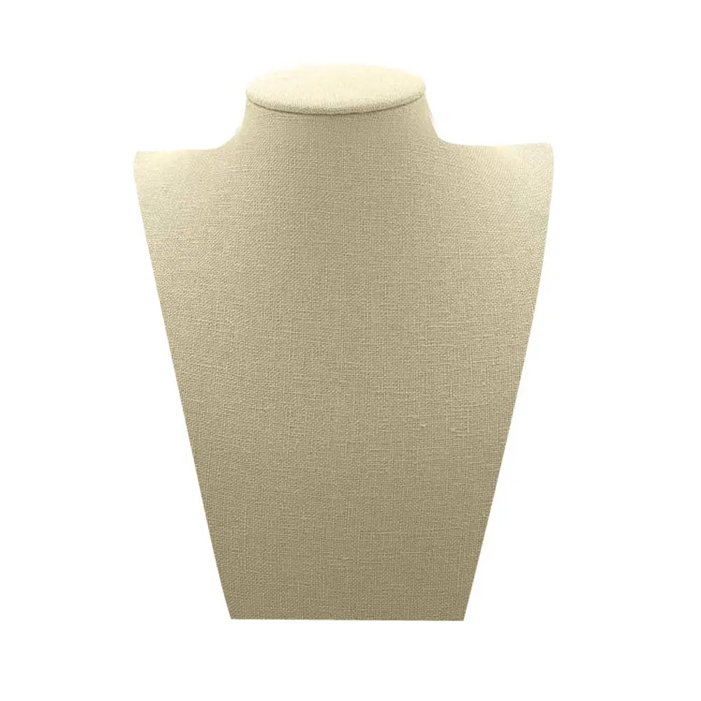 Beige Linen Curved Jewelry Necklace and Chain Display Bust, 9-1/2" Tall