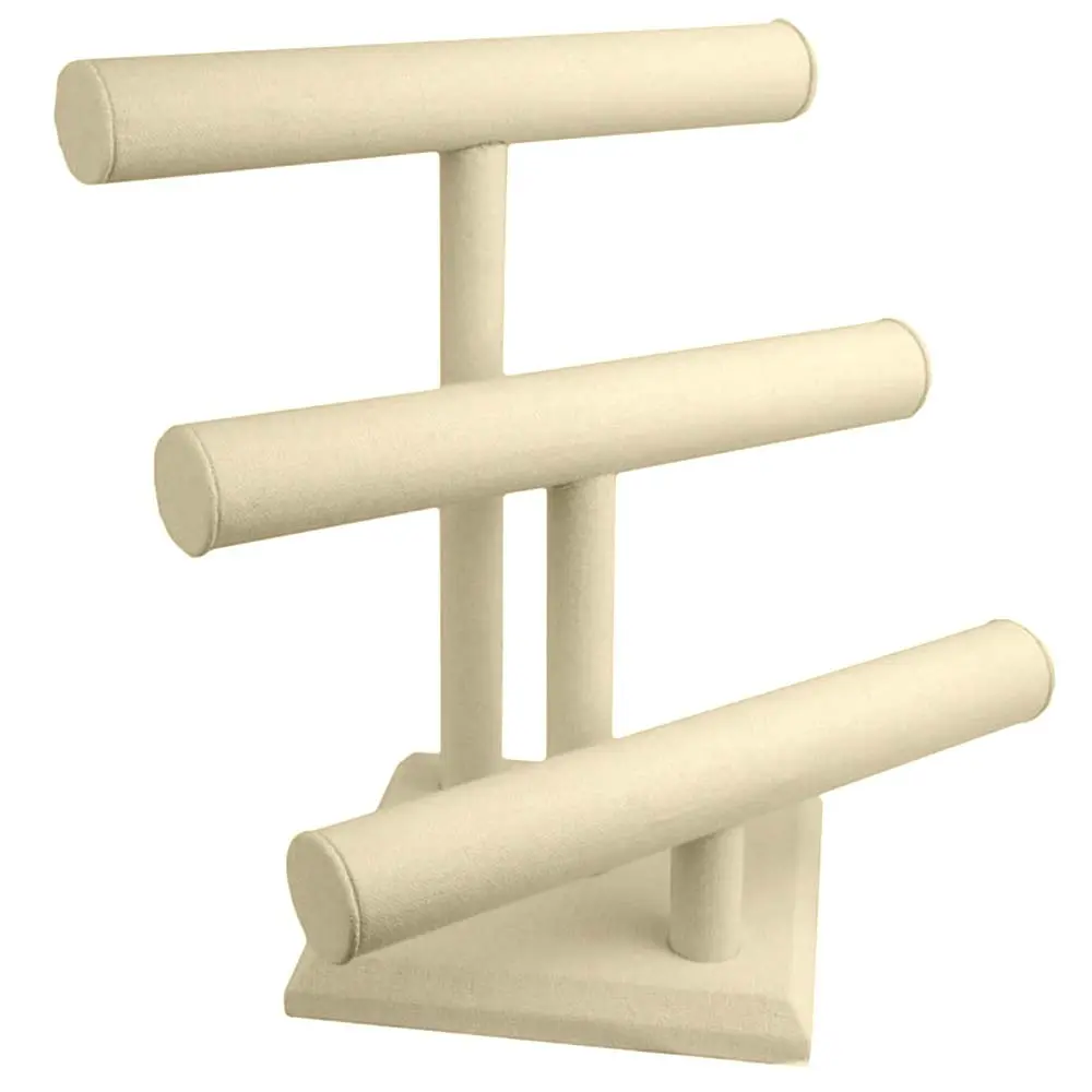 Beige Linen 3 Tier Jewelry T-Bar Display Stand, 12-3/4" Tall