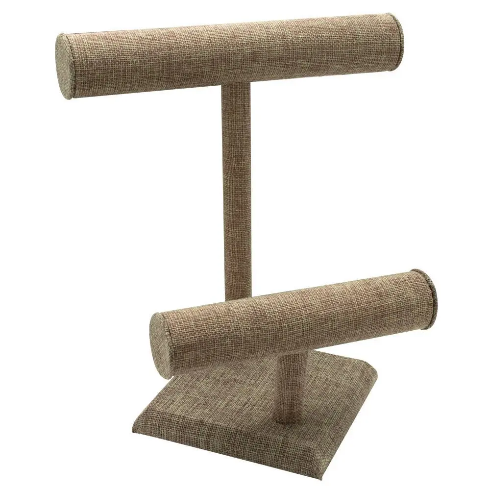 Beige Linen 2 Tier Jewelry T Bar Display Stand, 10-7/8" Tall