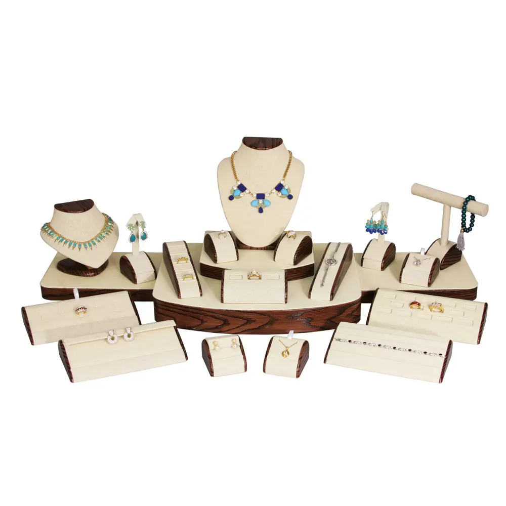 21-Piece Beige Linen W/ Wood Trim Jewelry Showcase Display Set