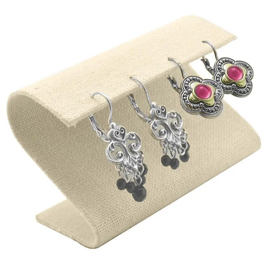 Beige Linen Curved Jewelry Earring Stand, Holds 2 Pairs