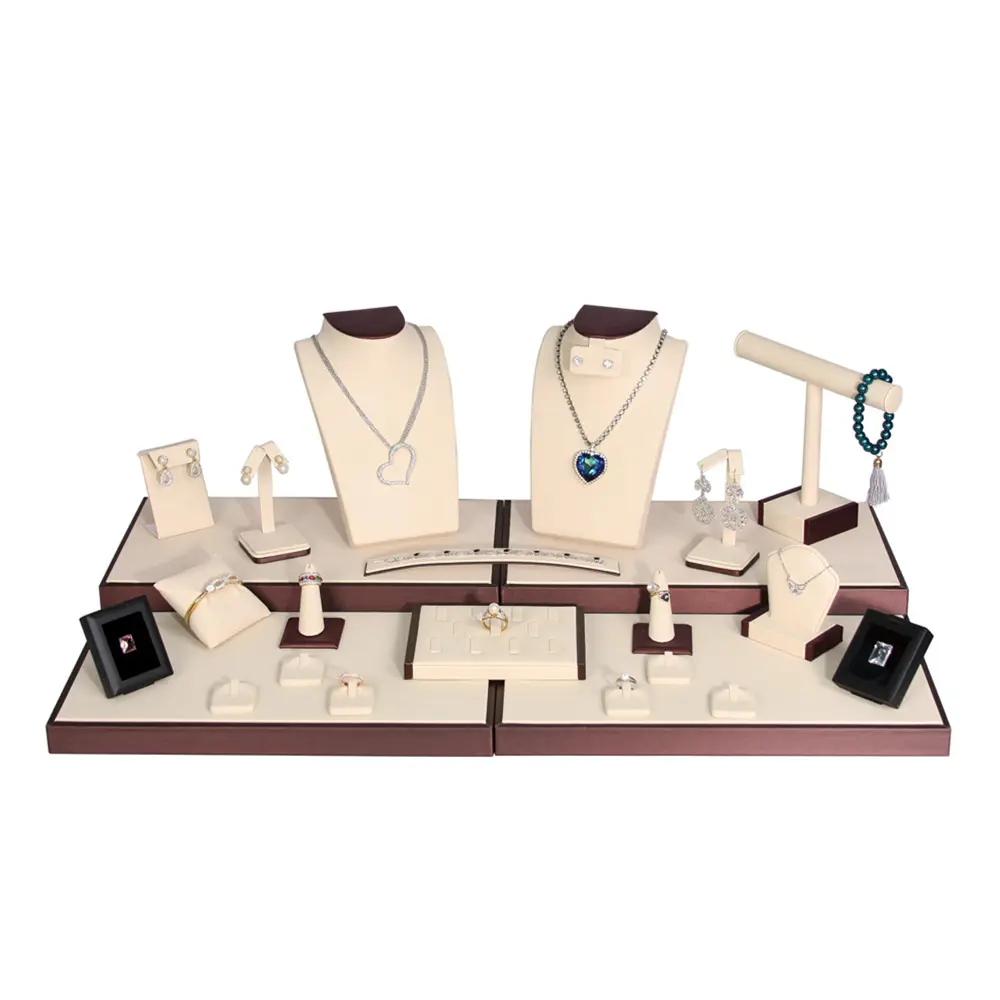 24-Piece Beige Linen W/ Wood Trim Jewelry Display Set