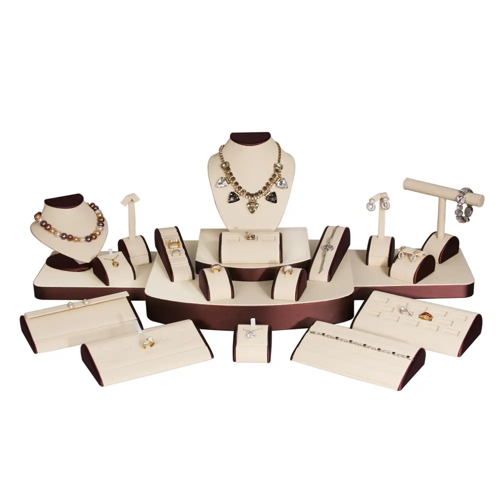 21-Piece Beige Linen W/ Wood Trim Jewelry Showcase Display Set